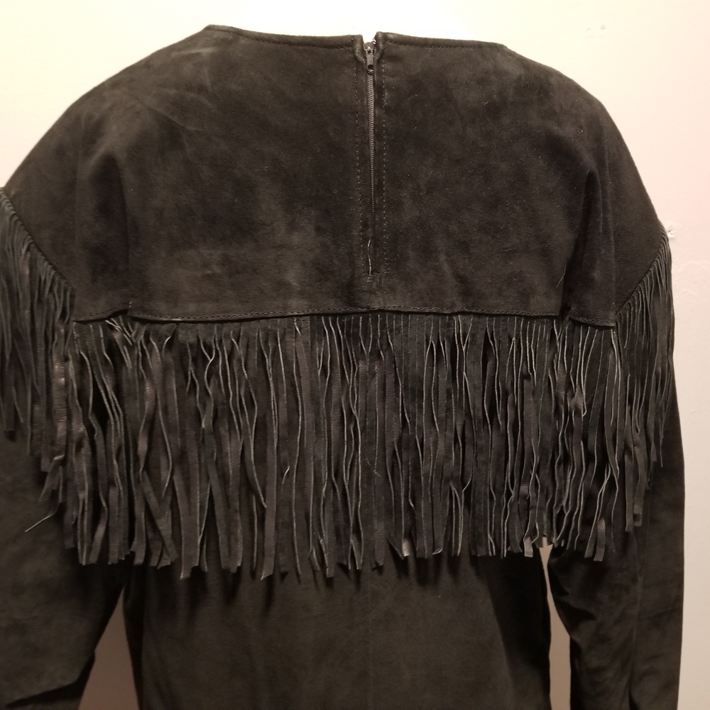VINTAGE LEATHER JACKET PULLOVER WINDBREAKER SUEDE UNISEX FESTIVAL FRINGE HIPPIE - Picture 6 of 7